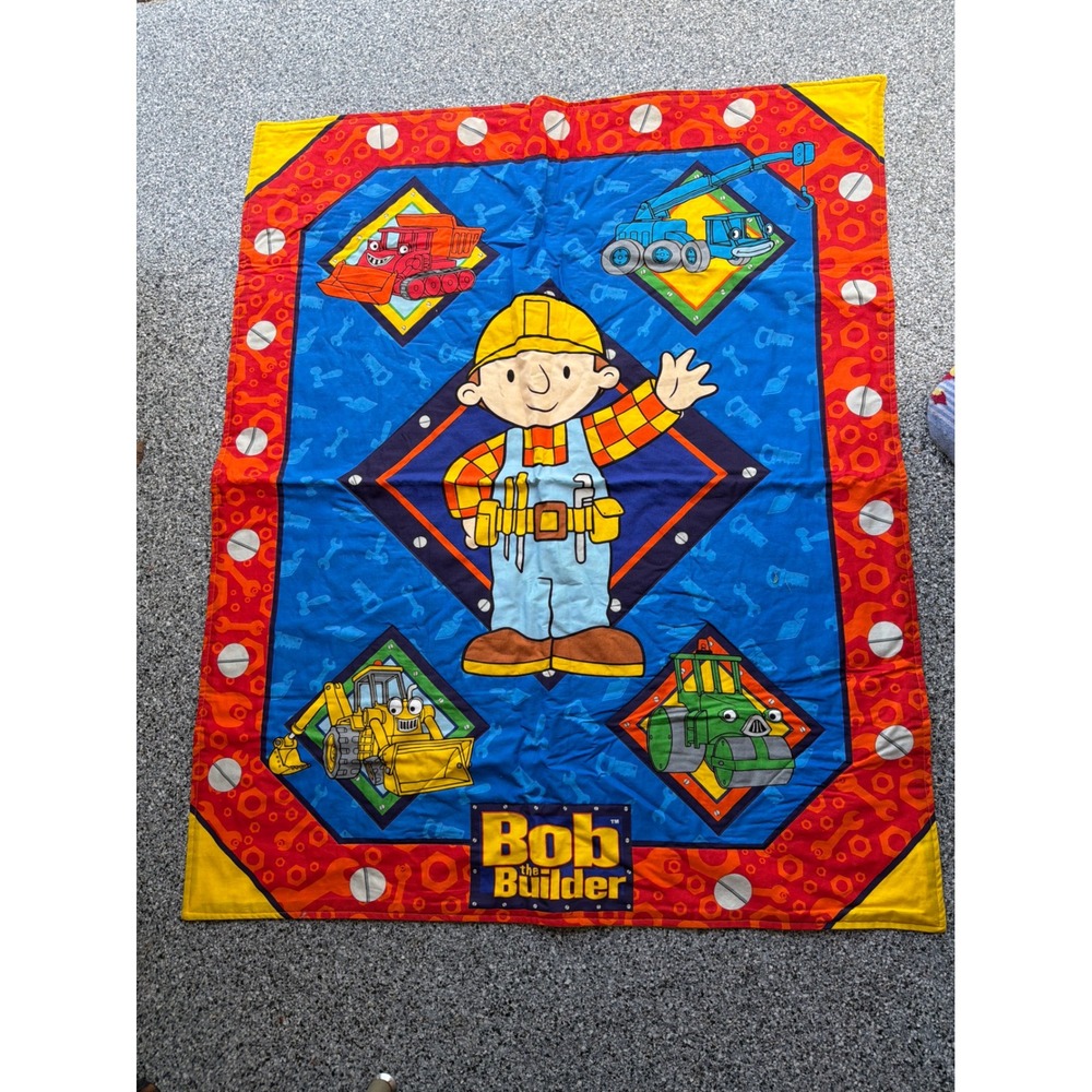 Vintage Bob the Builder Quilted Throw Blanket Blue Red Yellow Construction 2000s